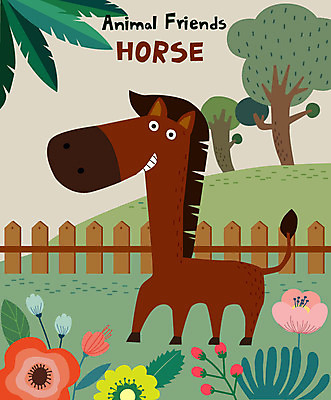 나무 동물 한마리 꽃 일러스트 사람없음 초록색 울타리 갈색 귀여움 목장 말_동물 말캐릭터 국내일러스트 AI파일 식물 1 컬러 동물캐릭터 컨셉 포유류 담장 파일형식 벡터