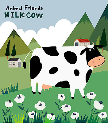 동물 한마리 꽃 일러스트 산 주택 초원 사람없음 초록색 귀여움 목장 흰색 젖소 얼룩무늬 소캐릭터 국내일러스트 AI파일 식물 1 컬러 동물캐릭터 컨셉 무늬 건물 소 파일형식 벡터