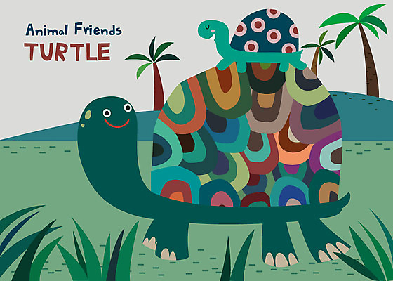동물 새끼 섬 두마리 일러스트 사람없음 초록색 야자수 귀여움 거북이 업기 국내일러스트 AI파일 나무 컬러 컨셉 2 파충류 모션 파일형식 벡터