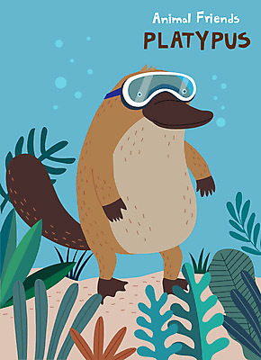 동물 한마리 일러스트 사람없음 파란색 귀여움 바닷속 해조류 잠수 잠수경 오리너구리 국내일러스트 AI파일 1 컬러 컨셉 수중 해양식물 물안경 파일형식 벡터