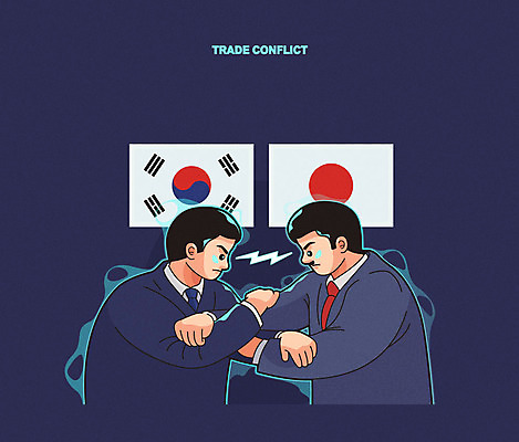 남자 일러스트 한국 두명 경제 일본 경쟁 비즈니스맨 사회 태극기 사회이슈 무역 싸움 갈등 노려봄 일장기 정치 한일관계 국내일러스트 AI파일 산업 아시아 컨셉 비즈니스 모션 표정 사람 직장인 국기 공동체 파일형식 벡터