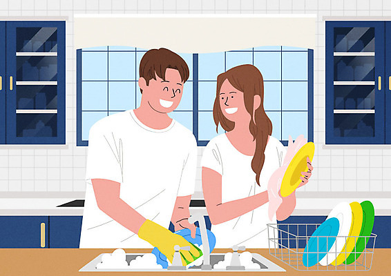 PSD 그릇 부부 여자 남자 행복 일러스트 가정 가족 사람 성인 두명 여름 주방 화목 기쁨 가족라이프 설거지 청소 즐거움 싱크대 성인만 국내일러스트 라이프스타일 식기 커플 계절 감정 컨셉 가사 관계 개수대 파일형식