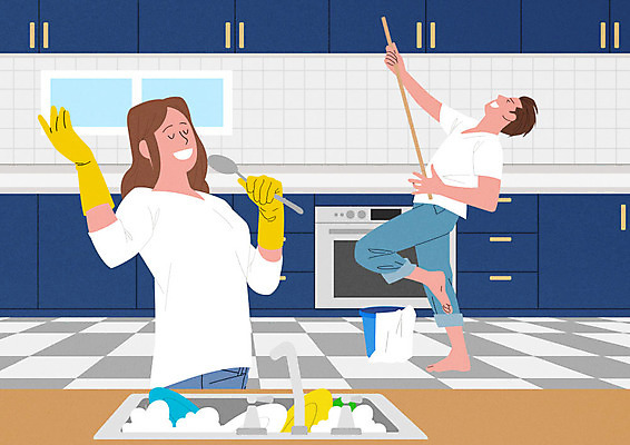 PSD 그릇 부부 여자 남자 행복 일러스트 노래 가정 가족 사람 성인 두명 여름 주방 화목 기쁨 춤 가족라이프 설거지 청소 즐거움 싱크대 대걸레 성인만 국내일러스트 라이프스타일 식기 커플 계절 감정 음악 컨셉 가사 관계 문화예술 청소도구 개수대 파일형식