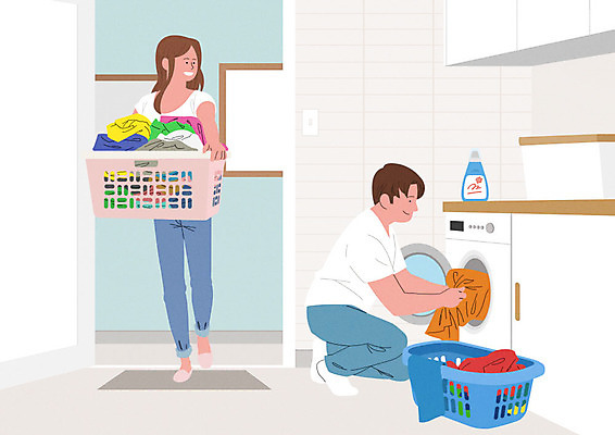 PSD 부부 여자 남자 행복 일러스트 가정 가족 들기 사람 성인 두명 여름 화목 기쁨 가족라이프 빨래 청소 즐거움 세탁기 빨랫감 세탁실 성인만 국내일러스트 라이프스타일 커플 계절 감정 컨셉 가사 관계 모션 가전제품 파일형식