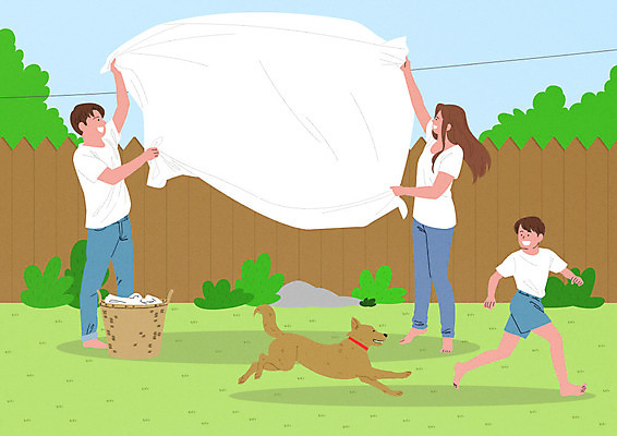 PSD 한마리 부부 여자 남자 행복 어린이 일러스트 가정 가족 사람 소년 성인 세명 여름 정원 화목 기쁨 가족라이프 개 빨래 빨랫줄 즐거움 놀기 빨랫감 국내일러스트 1 라이프스타일 커플 계절 감정 줄 컨셉 가사 포유류 관계 모션 파일형식