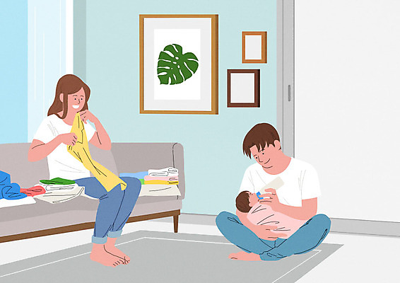 PSD 부부 여자 남자 행복 거실 일러스트 가정 가족 엄마 사람 앉기 성인 세명 여름 소파 화목 기쁨 육아 우유 아기 가족라이프 아빠 빨래 즐거움 돌봄 빨래개기 남성육아휴직 육아대디 국내일러스트 라이프스타일 커플 계절 감정 컨셉 가사 의자 관계 모션 유제품 파일형식 육아휴직