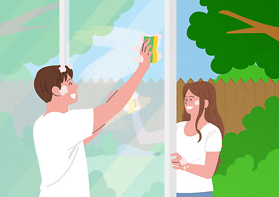 PSD 부부 여자 남자 행복 일러스트 가정 가족 사람 성인 두명 여름 정원 화목 기쁨 가족라이프 청소 즐거움 닦기 성인만 국내일러스트 라이프스타일 커플 계절 감정 컨셉 관계 모션 파일형식