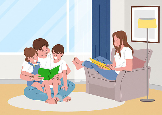 PSD 부부 여자 남자 행복 어린이 거실 일러스트 가정 가족 엄마 사람 앉기 소녀 소년 여러명 성인 책 여름 소파 독서 화목 기쁨 육아 자녀 가족라이프 아빠 잡지 즐거움 국내일러스트 라이프스타일 커플 계절 감정 다수 컨셉 의자 관계 모션 간행물 파일형식