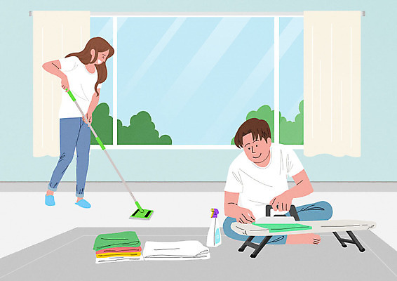 PSD 부부 여자 남자 행복 거실 일러스트 가정 가족 사람 성인 두명 여름 화목 기쁨 가족라이프 청소 즐거움 닦기 다림질 대걸레 성인만 국내일러스트 라이프스타일 커플 계절 감정 컨셉 가사 관계 모션 청소도구 파일형식