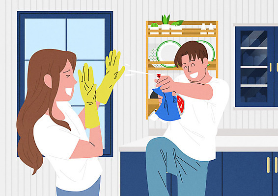 PSD 부부 여자 남자 행복 일러스트 장난 가정 가족 주방용품 사람 성인 두명 여름 주방 화목 기쁨 가족라이프 청소 즐거움 고무장갑 분무기 성인만 국내일러스트 라이프스타일 커플 계절 감정 생활용품 장갑 컨셉 관계 고무 파일형식