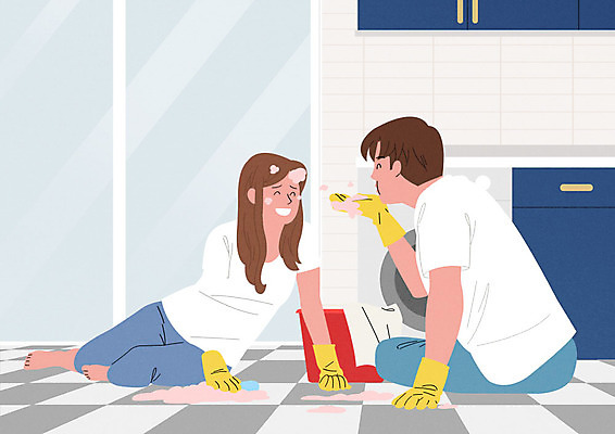 PSD 부부 여자 남자 행복 일러스트 장난 가정 가족 바닥 사람 성인 두명 여름 주방 화목 거품 기쁨 가족라이프 청소 즐거움 고무장갑 성인만 국내일러스트 라이프스타일 커플 계절 감정 장갑 컨셉 관계 고무 파일형식