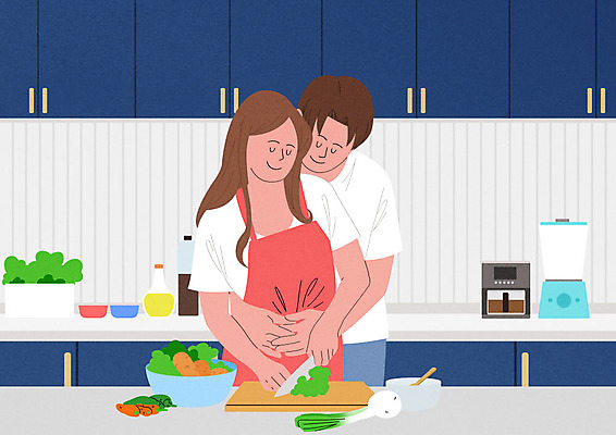 PSD 부부 여자 남자 행복 일러스트 가정 가족 안기 선반 요리 사람 성인 두명 여름 주방 화목 기쁨 가족라이프 즐거움 백허그 성인만 국내일러스트 라이프스타일 커플 계절 감정 가구 컨셉 관계 모션 포옹 파일형식