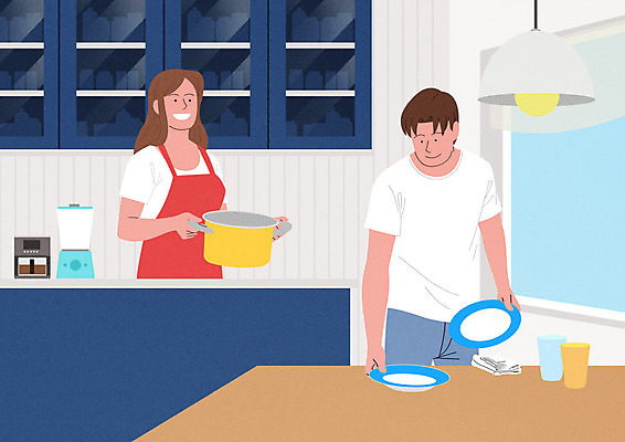 PSD 그릇 부부 여자 남자 행복 일러스트 가정 가족 식탁 요리 들기 사람 성인 두명 여름 주방 식사 화목 기쁨 가족라이프 즐거움 준비 성인만 국내일러스트 라이프스타일 식기 커플 계절 감정 컨셉 관계 모션 탁자 파일형식