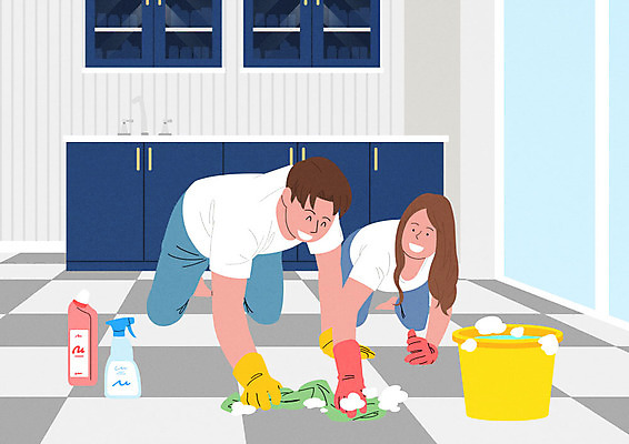 PSD 부부 여자 남자 행복 일러스트 가정 가족 바닥 사람 성인 두명 여름 주방 화목 기쁨 가족라이프 청소도구 청소 즐거움 닦기 성인만 국내일러스트 라이프스타일 커플 계절 감정 컨셉 관계 모션 도구 파일형식