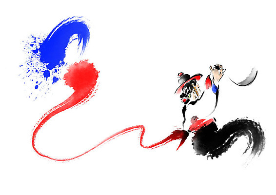 PSD 한국전통 전통 여자 여행 일러스트 캘리그라피 붓터치 흑백 한명 사람 빨간색 파란색 춤 칼 전통의상 한복 전통무용 태극 번짐 칼춤 여자한명만 국내일러스트 1 문양 컬러 문화예술 한국 촬영기법 여자만 파일형식 효과