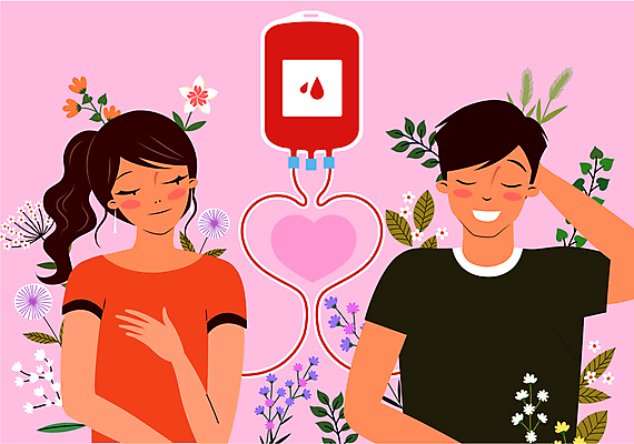 여자 남자 꽃 일러스트 나뭇잎 사랑 사람 성인 두명 하트 즐거움 사랑나눔 헌혈 설레임 혈액주머니 성인만 국내일러스트 AI파일 모양 식물 감정 캠페인 잎 봉사 혈액 나눔 파일형식 벡터