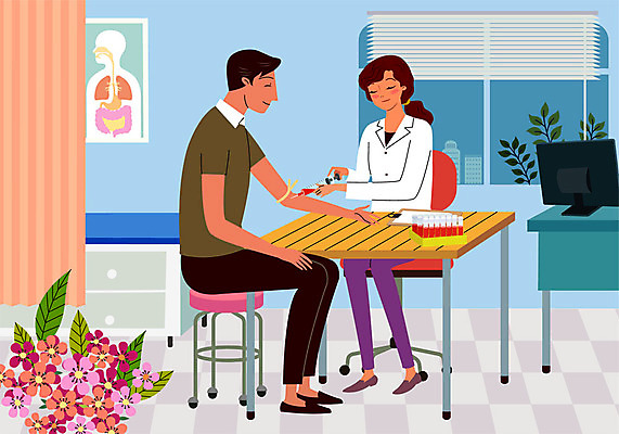 여자 남자 꽃 의자 일러스트 창문 탁자 주사기 사람 성인 두명 컴퓨터 모니터 의사 침대 블라인드 커튼 편안함 검사_조사 사랑나눔 헌혈 신체해부도 채혈 혈액검사 성인만 국내일러스트 AI파일 식물 캠페인 가구 해부 의학 의료기기 사랑 전자제품 의료진 봉사 감각 나눔 파일형식 벡터