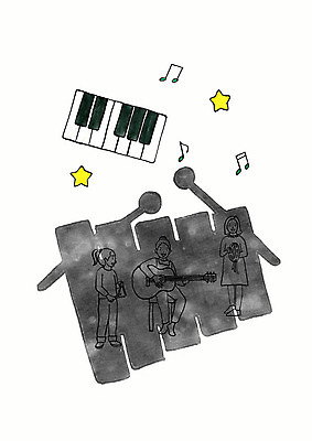 PSD 실루엣 어린이 악기 일러스트 붓터치 동화 수채화 흑백 사람 소녀 세명 피아노 어린이날 실로폰 상상력 어린이만 국내일러스트 여자 기념일 음악 타악기 촬영기법 건반악기 파일형식