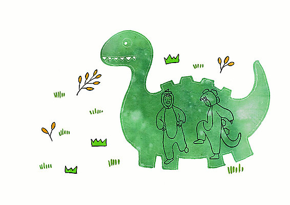 PSD 실루엣 어린이 일러스트 붓터치 동화 수채화 사람 두명 어린이날 공룡 민트색 백악기 상상력 어린이만 국내일러스트 기념일 컬러 파충류 촬영기법 파일형식