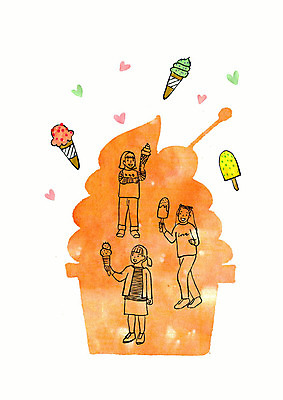 PSD 실루엣 어린이 일러스트 붓터치 동화 아이스크림 수채화 들기 사람 소녀 세명 보라색 주황색 어린이날 상상력 어린이만 국내일러스트 여자 기념일 컬러 모션 디저트 촬영기법 파일형식