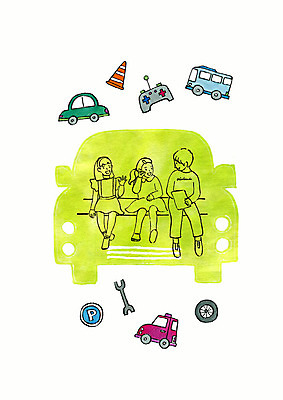 PSD 실루엣 어린이 일러스트 자동차 붓터치 동화 수채화 사람 소녀 소년 세명 초록색 장난감 바퀴 어린이날 상상력 어린이만 국내일러스트 여자 기념일 남자 육상교통 컬러 촬영기법 파일형식