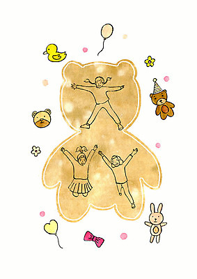 PSD 실루엣 어린이 인형 일러스트 붓터치 동화 수채화 사람 소녀 세명 노란색 곰인형 토끼 어린이날 풍선 상상력 어린이만 국내일러스트 여자 기념일 컬러 포유류 촬영기법 반려동물 파일형식