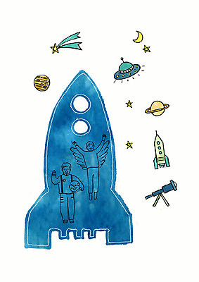 PSD 실루엣 어린이 일러스트 붓터치 동화 수채화 사람 소년 두명 파란색 우주 망원경 로켓 어린이날 상상력 어린이만 국내일러스트 기념일 남자 컬러 촬영기법 파일형식