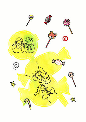 PSD 실루엣 어린이 일러스트 붓터치 동화 디저트 수채화 사탕 사람 소녀 여러명 노란색 어린이날 상상력 어린이만 국내일러스트 여자 기념일 음식 컬러 다수 촬영기법 파일형식