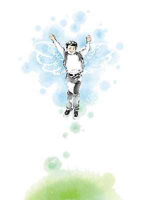 PSD 교육 남자 어린이 날개 일러스트 캘리그라피 하늘 붓터치 책가방 한명 사람 소년 초원 점프 만세 비행 자신감 번짐 에듀 소년한명만 스쿨팩 국내일러스트 1 감정 가방 모션 에듀케이션 남자한명만 소년만 파일형식 효과