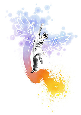 PSD 교육 남자 어린이 날개 일러스트 캘리그라피 하늘 붓터치 한명 사람 소년 점프 자신감 번짐 에듀 소년한명만 스쿨팩 국내일러스트 1 감정 모션 에듀케이션 남자한명만 소년만 파일형식 효과