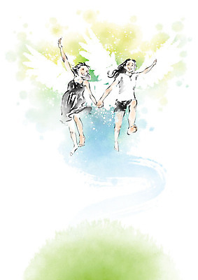 PSD 여자 교육 날개 일러스트 캘리그라피 하늘 붓터치 사람 소녀 초원 두명 달리기 손잡기 점프 비행 자신감 번짐 에듀 소녀만 스쿨팩 국내일러스트 감정 어린이 모션 에듀케이션 여자만 어린이만 파일형식 효과