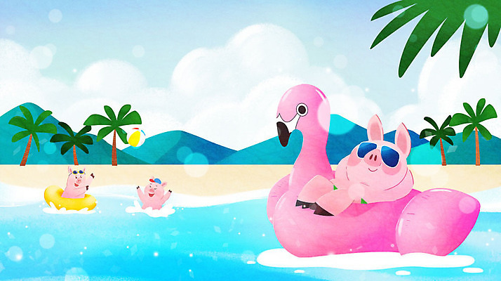 PSD 바다 여행 일러스트 공 물놀이 산 세마리 해변 사람없음 여름 파란색 여름휴가 바캉스 야자수 기쁨 돼지 시원함 즐거움 튜브 국내일러스트 나무 계절 감정 컬러 포유류 놀이 휴가 3 파일형식 여름_계절