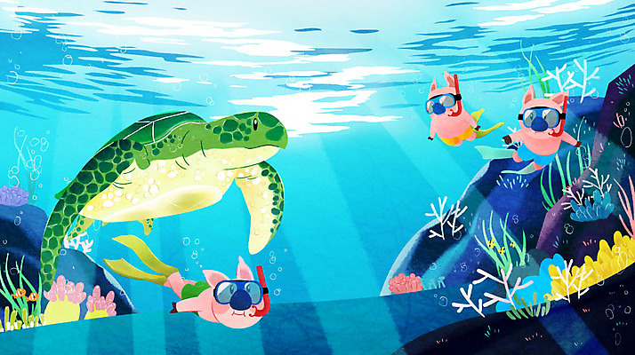 PSD 바다 여행 일러스트 물놀이 세마리 사람없음 여름 파란색 여름휴가 바캉스 바닷속 기쁨 돼지 스노클링 해조류 거북이 시원함 열대어 즐거움 돼지캐릭터 국내일러스트 계절 감정 컬러 동물캐릭터 포유류 파충류 놀이 휴가 3 어류 수중 수상스포츠 해양식물 파일형식 여름_계절