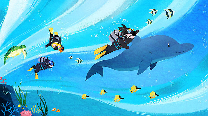 PSD 여행 일러스트 세마리 사람없음 여름 파란색 여름휴가 바캉스 바닷속 기쁨 바위 돼지 해조류 거북이 시원함 열대어 즐거움 돌고래 스쿠버다이빙 돼지캐릭터 국내일러스트 계절 감정 컬러 동물캐릭터 포유류 파충류 휴가 3 어류 수중 수중동물 돌_바위 수상스포츠 해양식물 파일형식 여름_계절