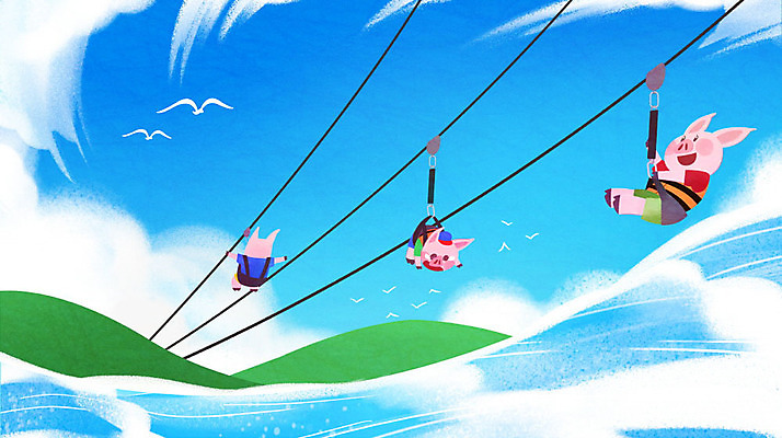 PSD 구름 파도 바다 섬 여행 일러스트 세마리 사람없음 여름 파란색 여름휴가 바캉스 기쁨 돼지 시원함 즐거움 돼지캐릭터 기러기 짚트랙 국내일러스트 자연요소 계절 감정 컬러 동물캐릭터 포유류 조류 휴가 3 레포츠 파일형식 여름_계절