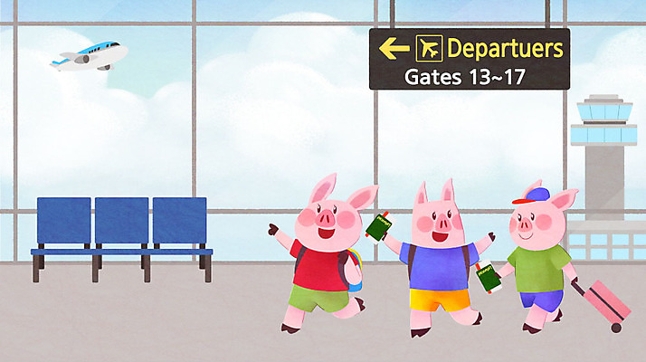 PSD 여행 일러스트 비행기 세마리 사람없음 여름 여름휴가 바캉스 캐리어 기쁨 돼지 공항 시원함 즐거움 돼지캐릭터 관제탑 국내일러스트 계절 감정 동물캐릭터 포유류 항공교통 교통시설 휴가 대중교통 3 여행가방 파일형식 여름_계절