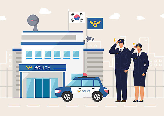 PSD 여자 남자 일러스트 사람 성인 두명 깃발 경찰 태극기 심볼 경례 감시카메라 경찰차 경찰서 성인만 국내일러스트 직업 자동차 카메라 인사 국기 파일형식