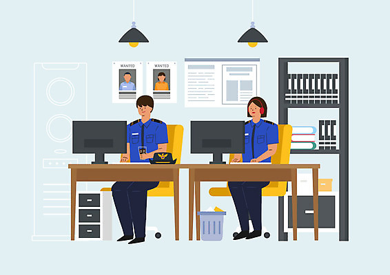 PSD 여자 남자 의자 일러스트 조명 책장 사람 성인 두명 모니터 쓰레기통 업무 경찰 범죄인 책상 서랍장 문서 수배 성인만 국내일러스트 직업 가구 컴퓨터 작업 범죄 파일형식