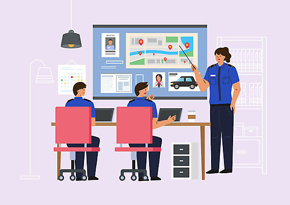 PSD 여자 남자 지도 의자 일러스트 탁자 회의 사람 성인 세명 노트북 자료 달력 가리킴 경찰 범죄인 추적 성인만 국내일러스트 직업 가구 비즈니스 모션 손짓 전자제품 범죄 파일형식