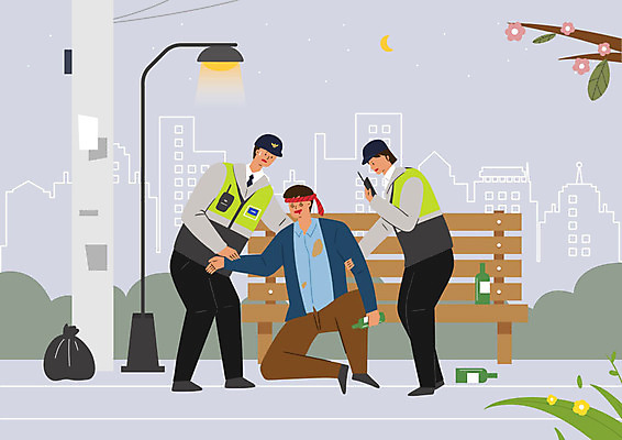 PSD 나무 공원 남자 가로등 벤치 일러스트 주류 사람 성인 세명 경찰 만취 전봇대 무전기 소주 순찰 성인만 국내일러스트 식물 직업 공공시설 음료 의자 무선통신 술취함 파일형식