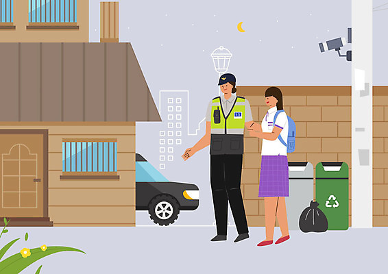 PSD 여자 일러스트 자동차 청소년 여고생 고등학생 주택 안전 사람 성인 두명 쓰레기통 경찰 전봇대 분리수거 감시카메라 귀가 국내일러스트 직업 학생 공공시설 육상교통 건물 카메라 파일형식