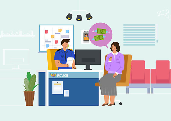 PSD 식물 여자 남자 돈 의자 일러스트 조명 설명 사람 성인 두명 모니터 칠판 경찰 울음 사기꾼 신고 접수 피해자 성인만 국내일러스트 직업 가구 모션 표정 컴퓨터 피해 재산 파일형식