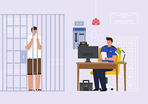 PSD 남자 시계 의자 서류가방 일러스트 사람 성인 두명 모니터 스탠드 업무 작업 경찰 감옥 전화기 책상 성인만 국내일러스트 직업 가구 가방 조명 컴퓨터 파일형식