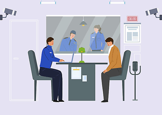 PSD 여자 남자 시계 일러스트 대화 사람 여러명 성인 노트북 마주보기 경찰 범죄인 감시카메라 녹음기 국내일러스트 직업 다수 모션 말하기 전자제품 카메라 범죄 파일형식 녹음_기록