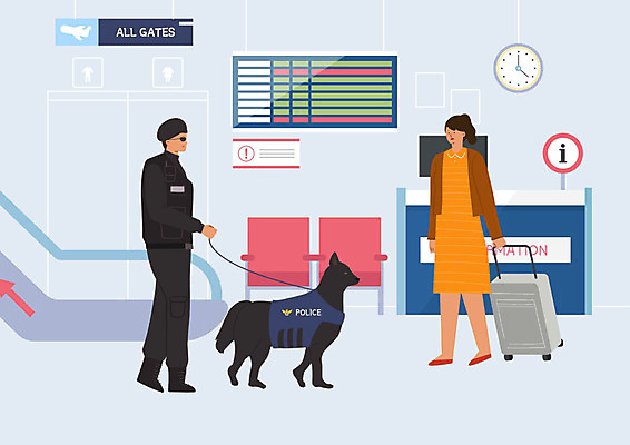PSD 여자 남자 일러스트 사람 성인 두명 여행객 캐리어 경찰 개 시간표 공항 프런트 에스컬레이터 순찰 성인만 국내일러스트 직업 포유류 교통시설 여행가방 계획 파일형식