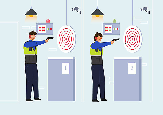 PSD 여자 남자 일러스트 고글 사람 성인 두명 헤드폰 총 경찰 보호장비 연습 사격 사격장 점수판 성인만 국내일러스트 직업 무기 음향기기 장비 파일형식