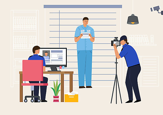 PSD 여자 남자 의자 일러스트 들기 사람 성인 세명 컴퓨터 카메라 자료 경찰 범죄인 구속 성인만 국내일러스트 직업 가구 컨셉 모션 전자제품 범죄 파일형식