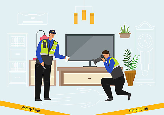 PSD 식물 남자 화분 일러스트 주택 사람 성인 두명 카메라 텔레비전 경찰 사건 수집 서랍장 증거 폴리스라인 성인만 거실장 국내일러스트 직업 가구 건물 전자제품 파일형식