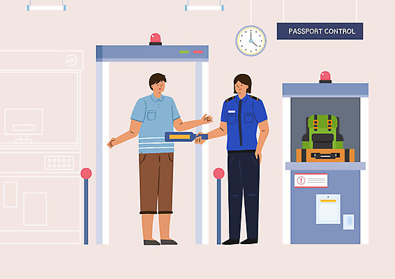 PSD 여자 남자 시계 서류가방 일러스트 배낭 사람 성인 두명 경찰 검사_조사 보안 경고등 수색 성인만 검색대 국내일러스트 직업 가방 안전 공항 파일형식