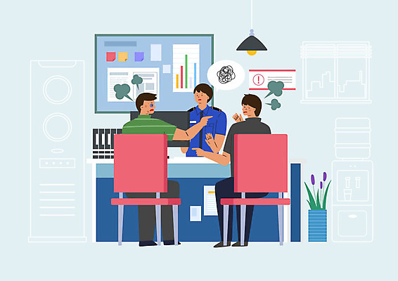 PSD 남자 화분 의자 일러스트 그래프 사람 성인 세명 칠판 경찰 문서 싸움 경찰서 성인만 국내일러스트 직업 가구 모션 파일형식